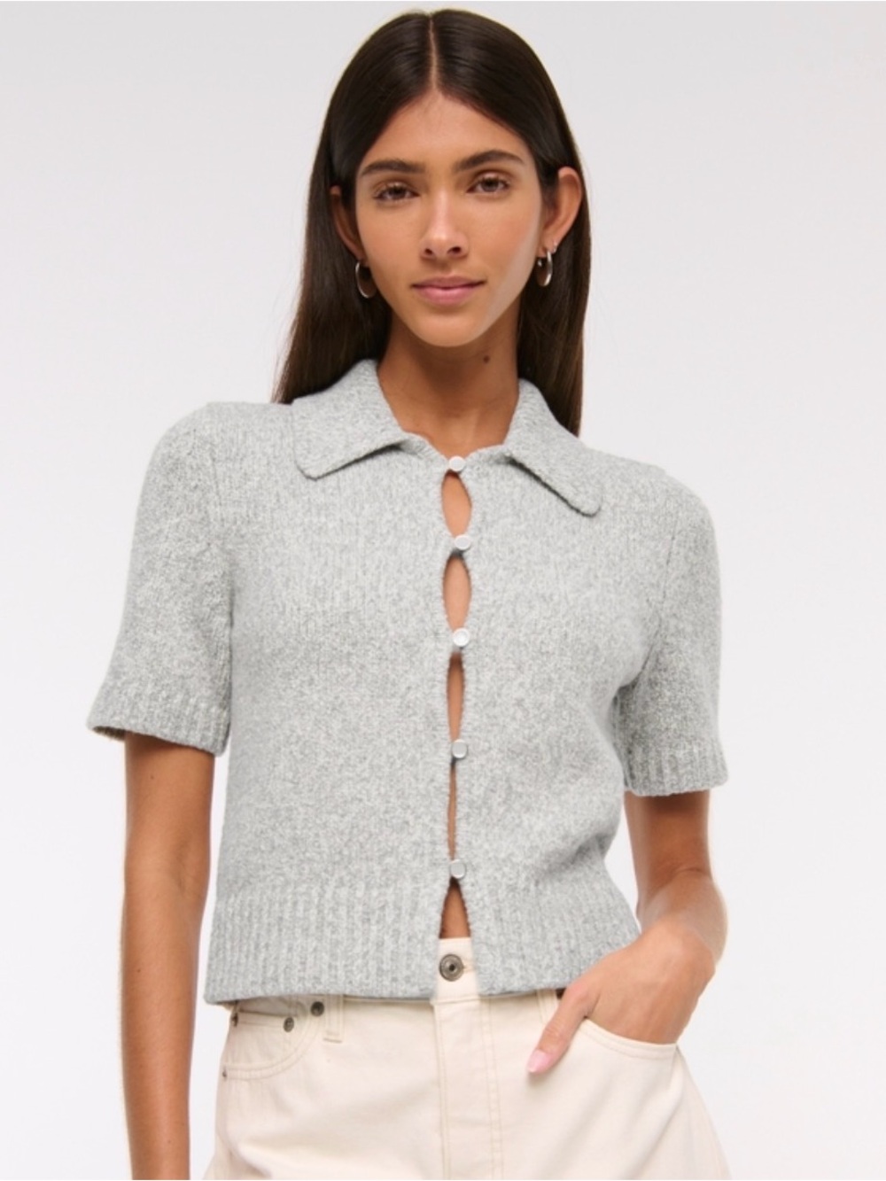 Abercrombie & Fitch Heather Gray Short-Sleeve Button Cardigan - Picture 3 of 7
